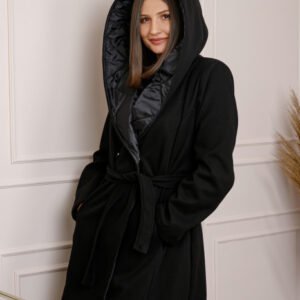 Palton dama elegant negru cu gluga captusita