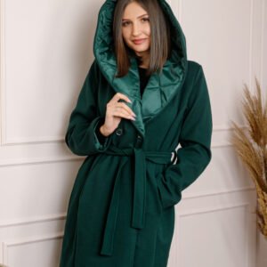 Palton dama elegant verde cu gluga captusita