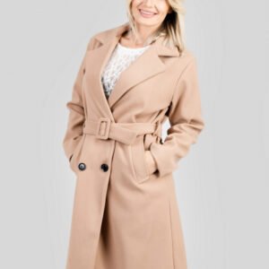 Palton elegant crem cu centura in talie