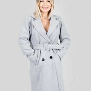 Palton elegant gri cu centura in talie