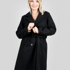 Palton elegant negru cu centura in talie