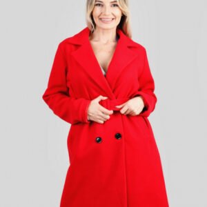 Palton elegant rosu cu centura in talie