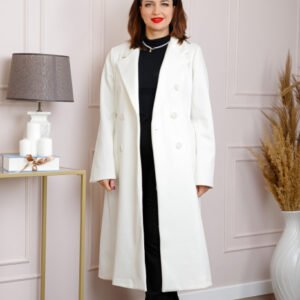 Palton lung dama elegant cu nasturi decorativi - Alb