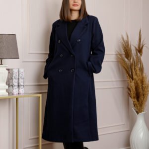 Palton lung dama elegant cu nasturi decorativi - Bleumarin