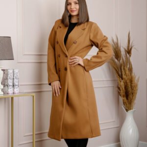 Palton lung dama elegant cu nasturi decorativi - Camel