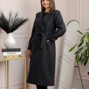 Palton lung elegant Erika cu cordon si buzunare - Bleumarin