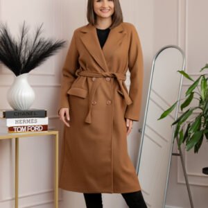 Palton lung elegant Erika cu cordon si buzunare - Camel