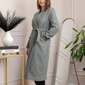 Palton lung elegant Erika cu cordon si buzunare - Gri