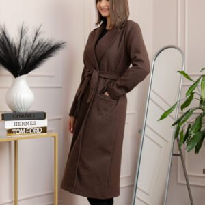 Palton lung elegant Erika cu cordon si buzunare - Maro