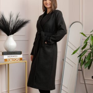Palton lung elegant Erika cu cordon si buzunare - Negru