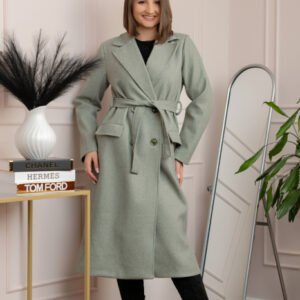 Palton lung elegant Erika cu cordon si buzunare - Verde mint