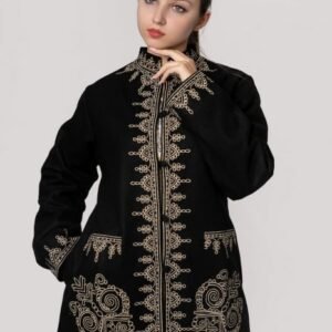 Palton traditional negru cu broderie florala crem Carmen 01