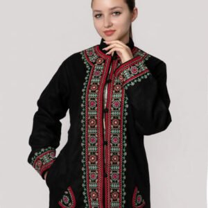Palton traditional negru cu broderie florala multicolora Felicia