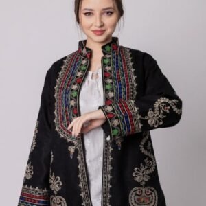 Palton traditional negru cu broderie florala multicolora Ioana