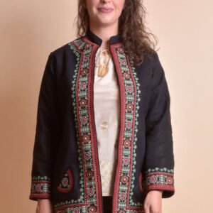 Palton traditional negru cu broderie florala multicolora Livia