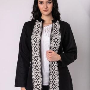 Palton traditional negru cu broderie geometrica alba Otilia