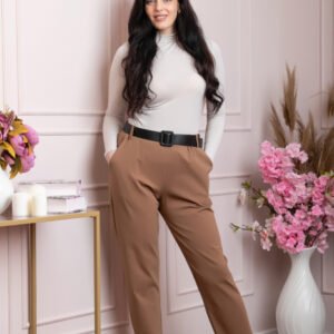 Pantaloni Jessie camel cu croi lejer si talie elastica