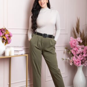 Pantaloni Jessie kaki cu croi lejer si talie elastica