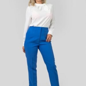 Pantaloni albastri cu talie inalta si cusaturi decorative