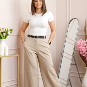 Pantaloni bej evazati cu talie elastica la spate si curea reglabila Molly