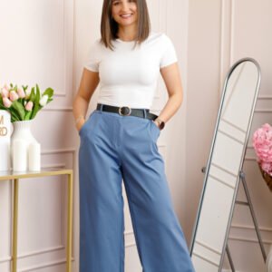 Pantaloni bleu evazati cu talie elastica la spate si curea reglabila Molly
