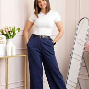 Pantaloni bleumarin evazati cu talie elastica la spate si curea reglabila Molly