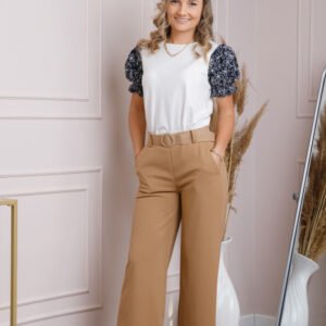 Pantaloni camel eleganti cu talie inalta si centura