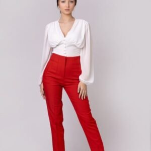 Pantaloni caramizii cu talie inalta si cusaturi decorative