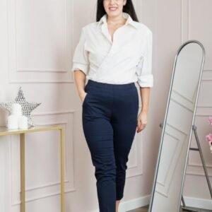 Pantaloni casual bleumarin cu talie elastica si buzunare functionale