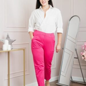 Pantaloni casual ciclam cu talie elastica si buzunare functionale