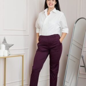 Pantaloni casual mov cu talie elastica si buzunare functionale