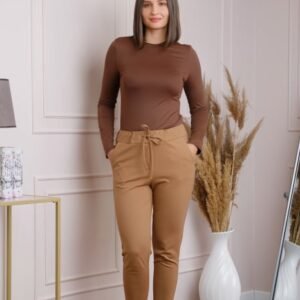 Pantaloni confort casual camel cu snur in talie