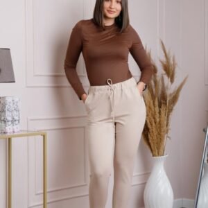 Pantaloni confort casual crem cu snur in talie