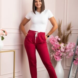 Pantaloni conici Tessa din bumbac cu snur in talie - Grena
