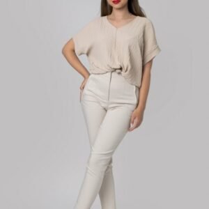 Pantaloni crem cu talie inalta si cusaturi decorative