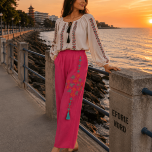 Pantaloni cu broderie siclam