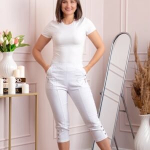 Pantaloni dama 3 4 Jenny albi cu talie elastica si fermoare decorative
