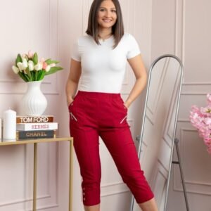 Pantaloni dama 3 4 Jenny grena cu talie elastica si fermoare decorative
