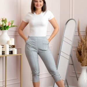 Pantaloni dama 3 4 Jenny gri cu talie elastica si fermoare decorative
