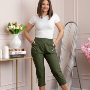 Pantaloni dama 3 4 Jenny kaki cu talie elastica si fermoare decorative