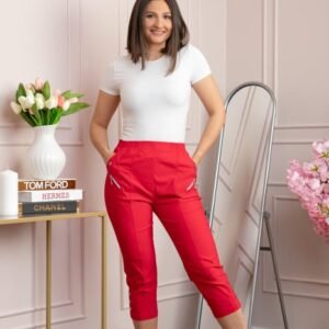 Pantaloni dama 3 4 Jenny rosii cu talie elastica si fermoare decorative