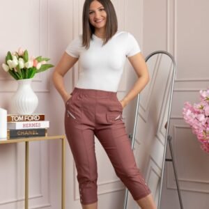 Pantaloni dama 3 4 Jenny roz marsala cu talie elastica si fermoare decorative