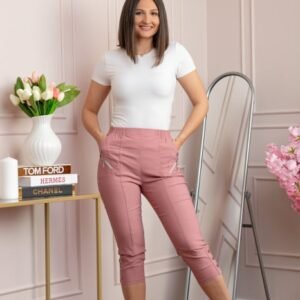 Pantaloni dama 3 4 Jenny roz pudrat cu talie elastica si fermoare decorative