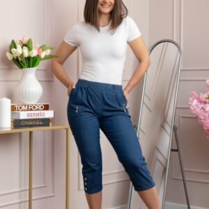 Pantaloni dama 3 4 Milly albastri tip denim cu talie elastica si buzunare