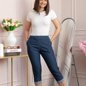 Pantaloni dama 3 4 Patty albastri tip denim cu manseta reglabila si talie elastica