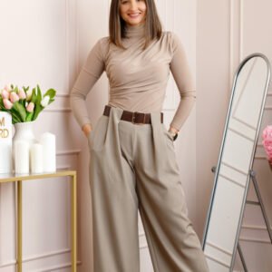 Pantaloni dama Judith bej cu croi larg si talie inalta cu curea
