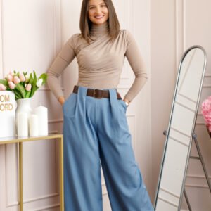 Pantaloni dama Judith bleu cu croi larg si talie inalta cu curea