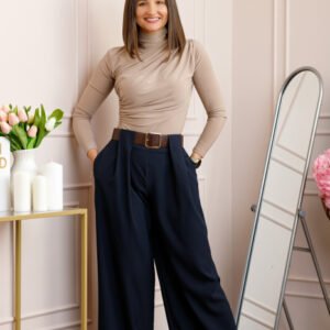 Pantaloni dama Judith bleumarin cu croi larg si talie inalta cu curea