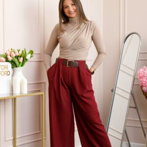 Pantaloni dama Judith grena cu croi larg si talie inalta cu curea