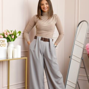 Pantaloni dama Judith gri cu croi larg si talie inalta cu curea